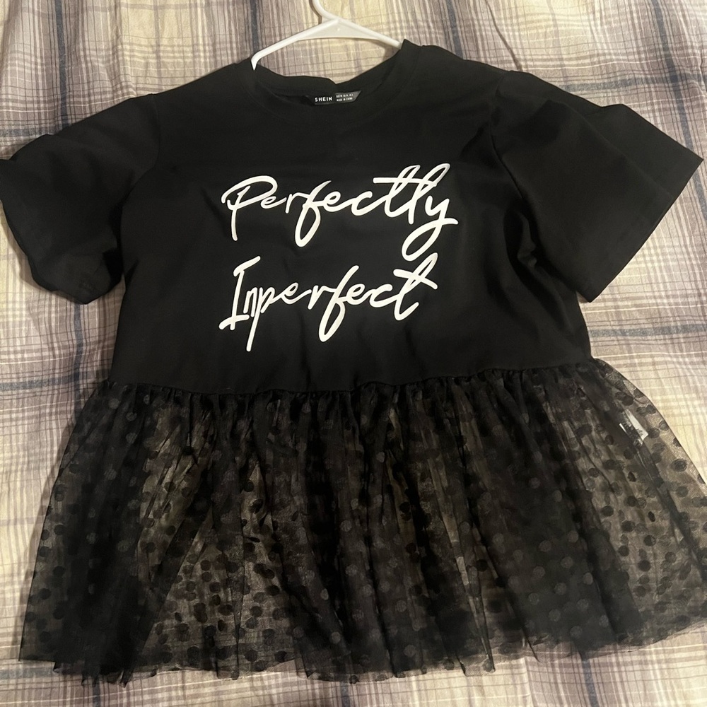 Perfectly Imperfect Black Graphic Tulle Peplum Top